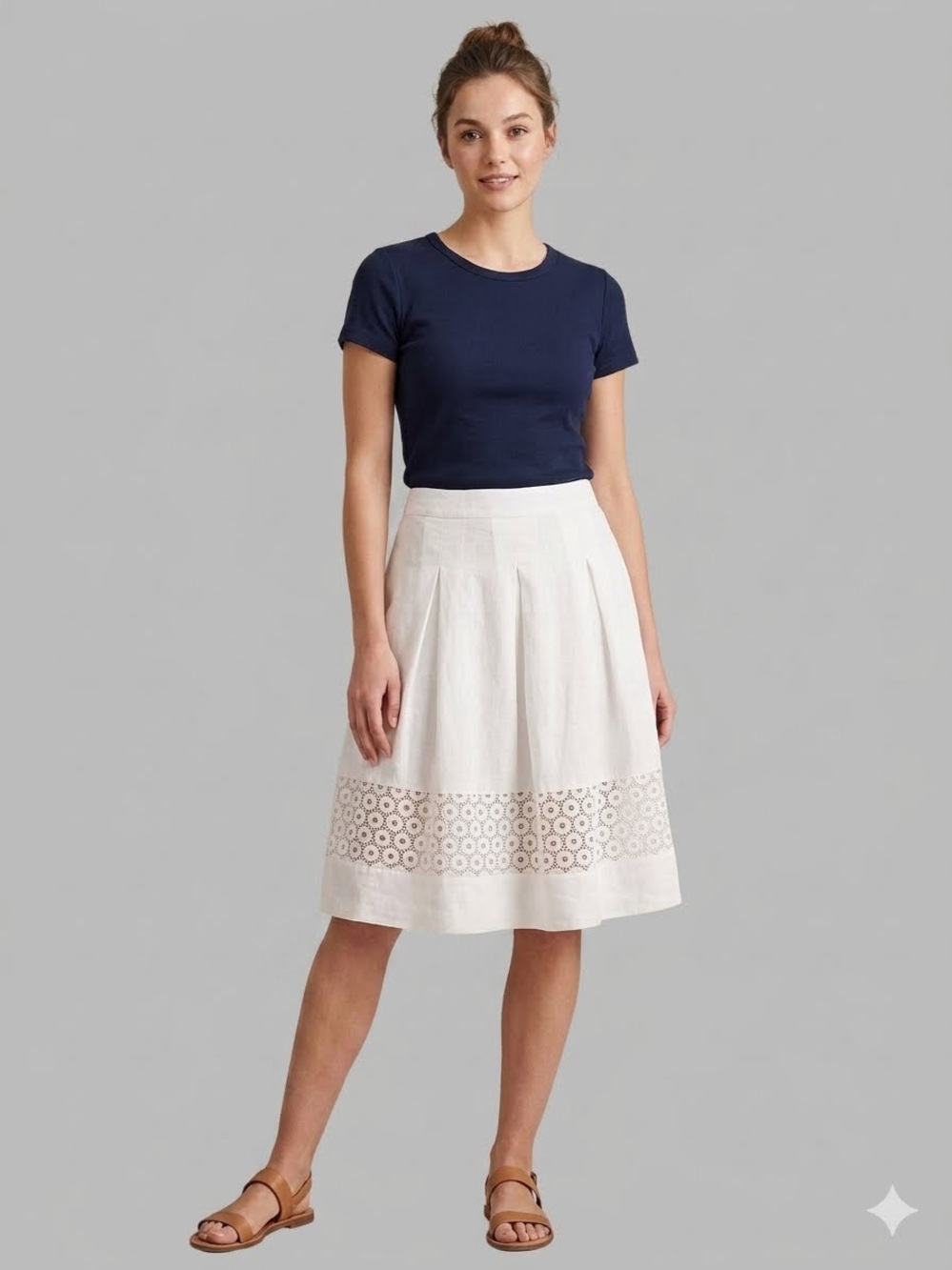 LOFT White 100% Linen Pleated A-Line Midi Skirt with Eyelet Lace Trim – Size 6